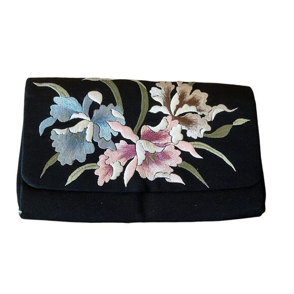 Vintage Torii Tokyo Embroidered Flower Purse - Black 60s Clutch Handbag - Picture 1 of 5